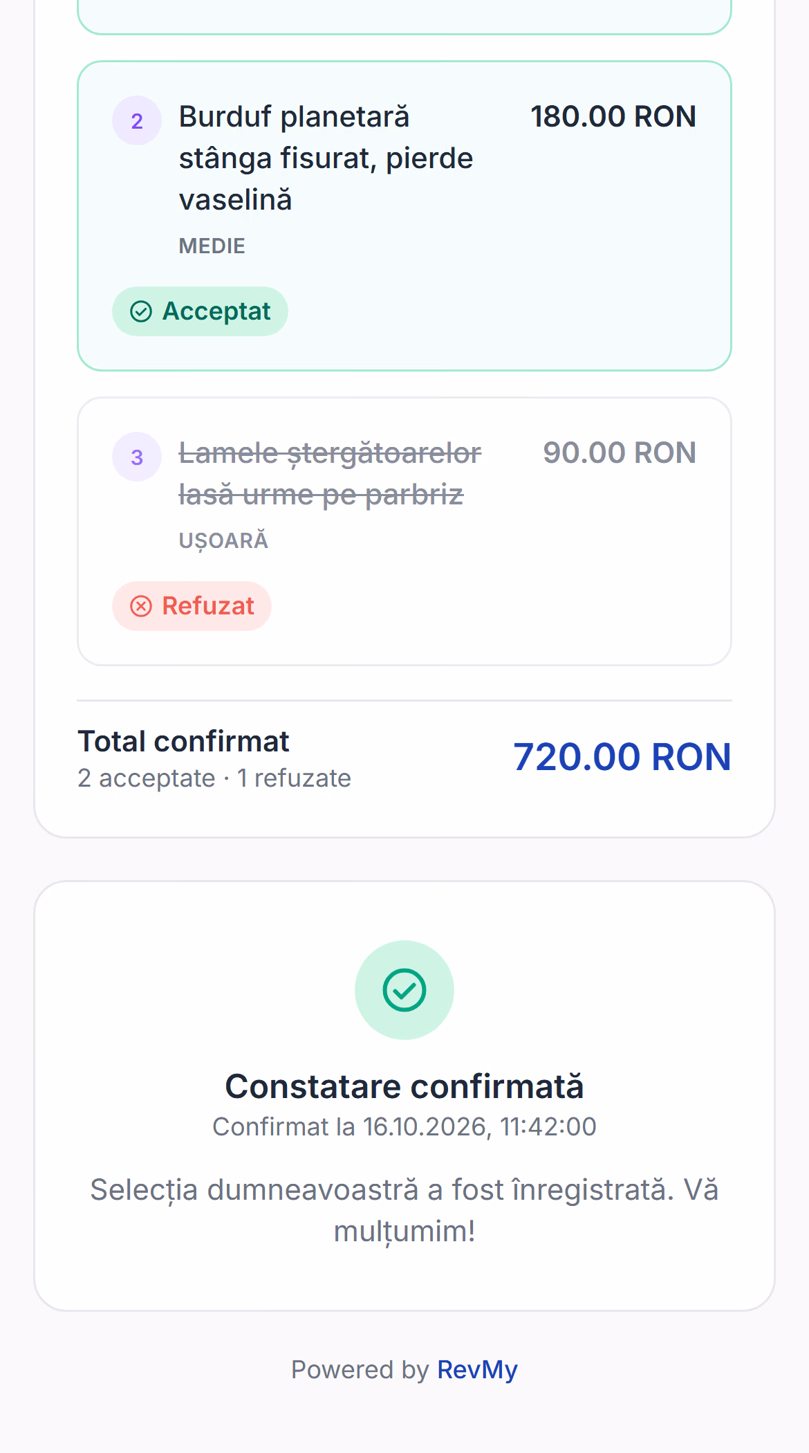 Constatările pe telefonul clientului: trei probleme cu prețuri, ștergătoarele refuzate, celelalte două confirmate