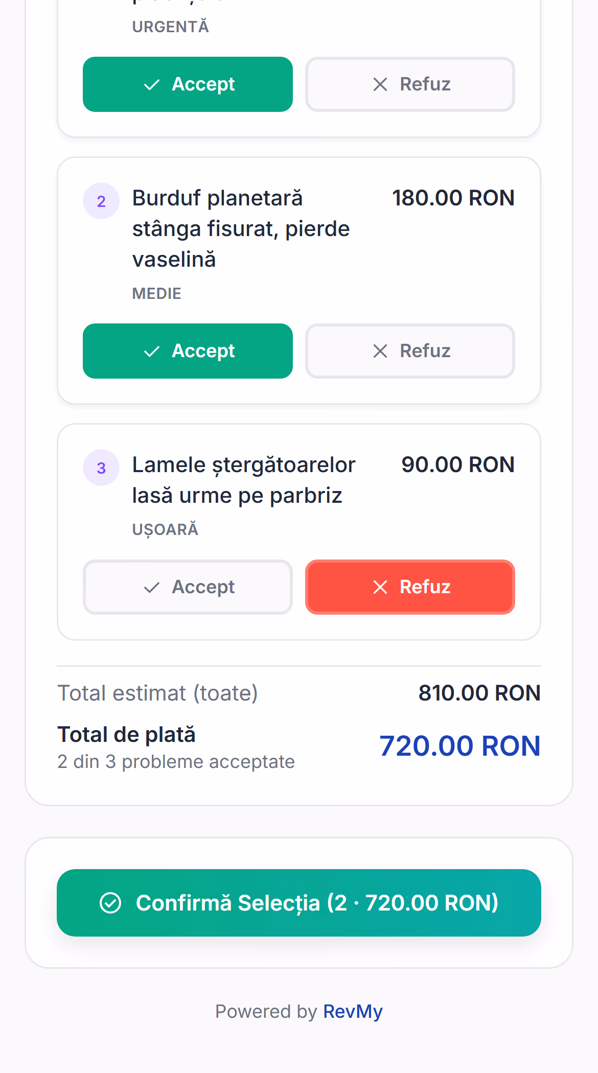 Constatările pe telefonul clientului: trei probleme cu prețuri, una refuzată, două acceptate