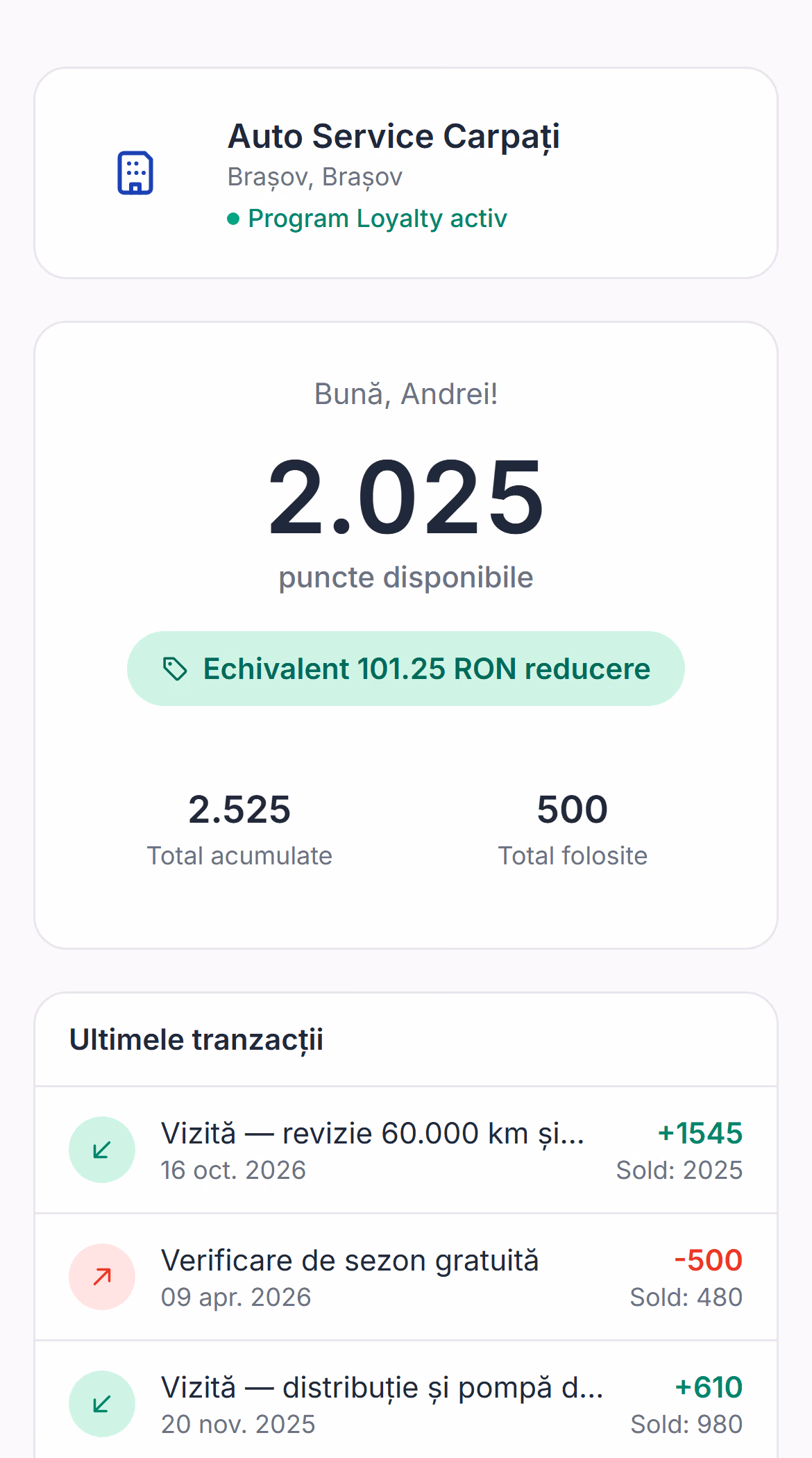 Cardul de fidelitate pe telefonul clientului: 2.025 de puncte, valoarea lor și ultimele patru mișcări