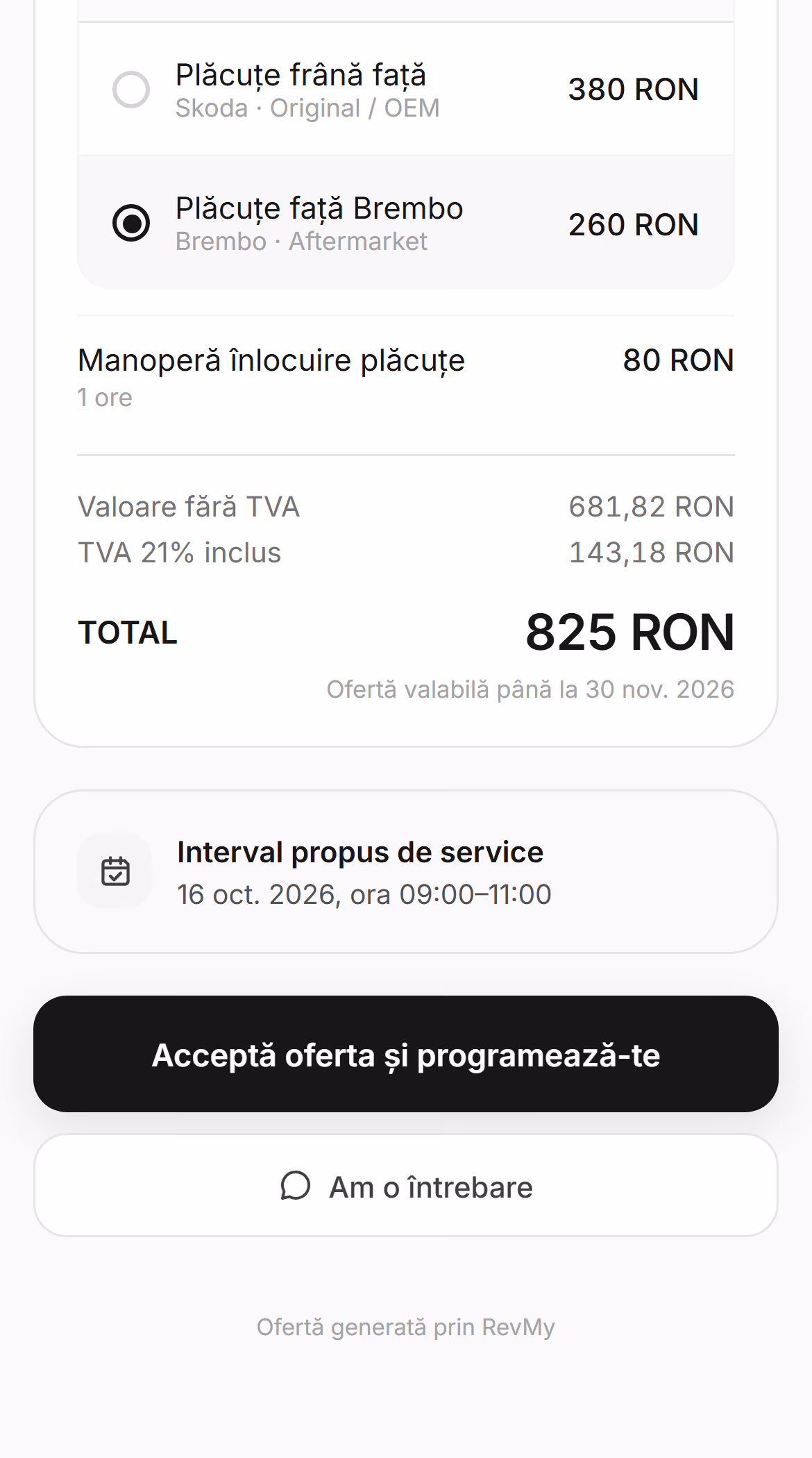 Oferta pe telefonul clientului: revizie 60.000 km și sistem de frânare, cu variantele de piese alese