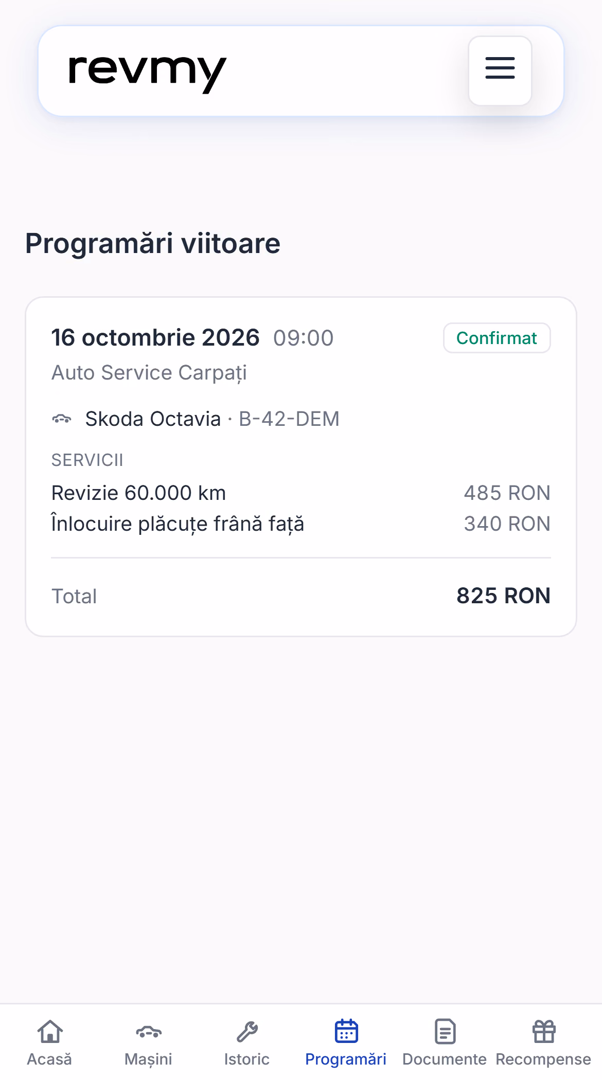 Programarea în contul clientului: 16 octombrie, ora 09:00, confirmată, cu serviciile și totalul