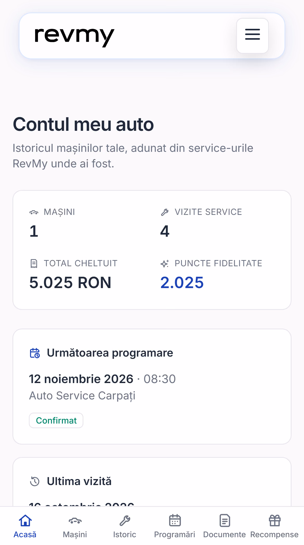 Contul clientului: mașini, vizite, total cheltuit și puncte, următoarea programare și ultima vizită