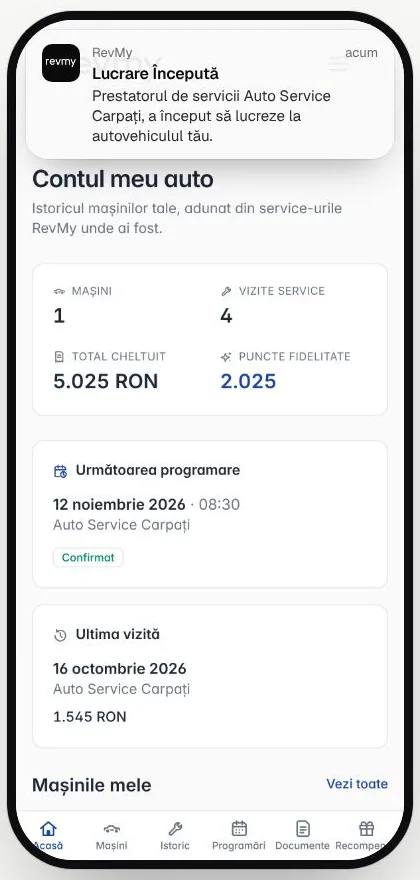 Notificarea „Lucrare începută” pe telefonul clientului, deasupra contului lui auto