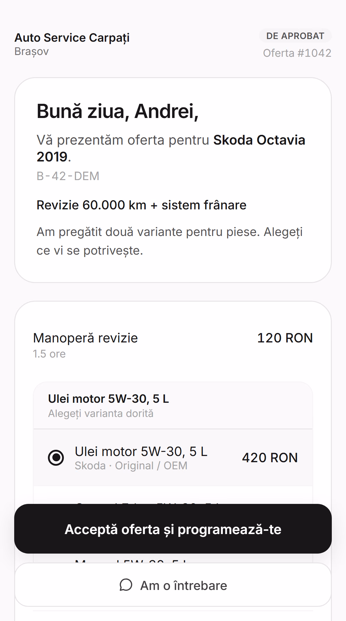 O ofertă trimisă de atelier, deschisă pe telefon: lucrările, piesele cu prețuri și butonul de acceptare