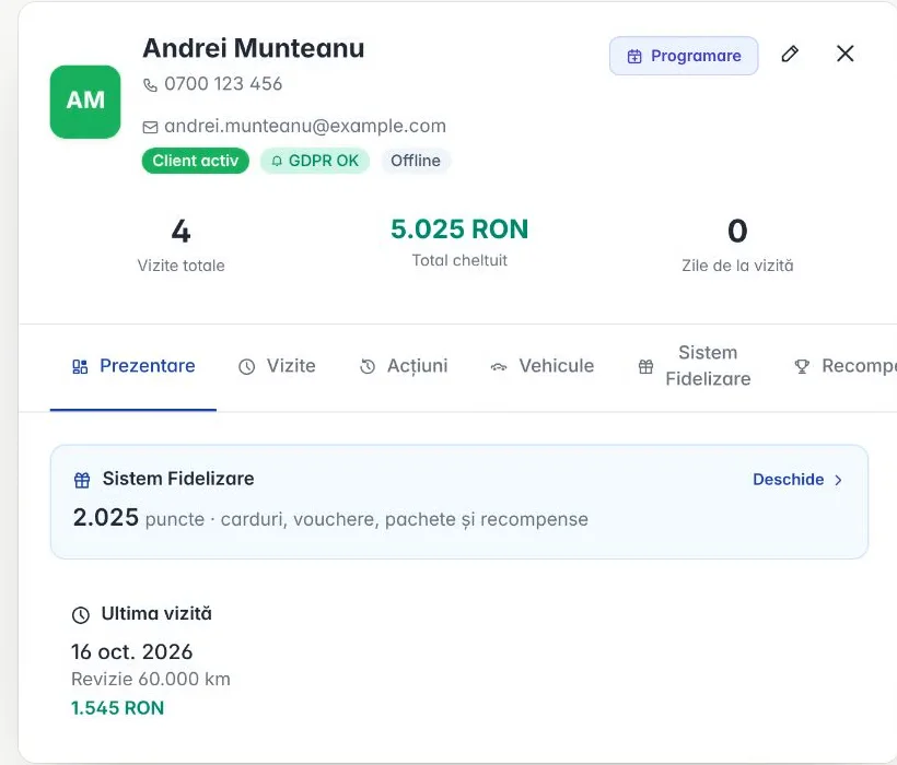 Fișa unui client în CRM: 4 vizite, 5.025 RON cheltuiți, acordul GDPR, punctele de fidelitate și ultima vizită