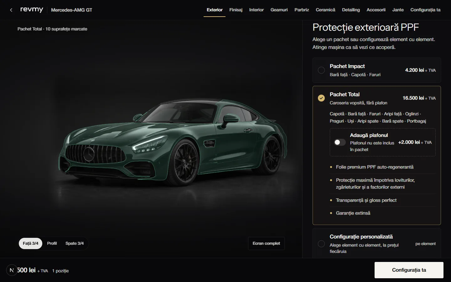 Configuratorul RevMy pe desktop: un Mercedes-AMG GT cu Pachetul Total de folie marcat pe caroserie și prețurile pe element