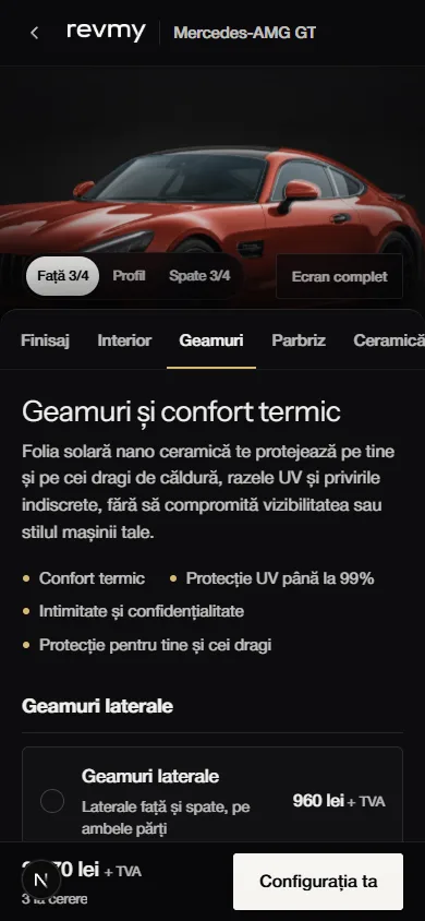 Configuratorul pe telefon: folia solară pentru geamuri, cu prețurile pe variantă