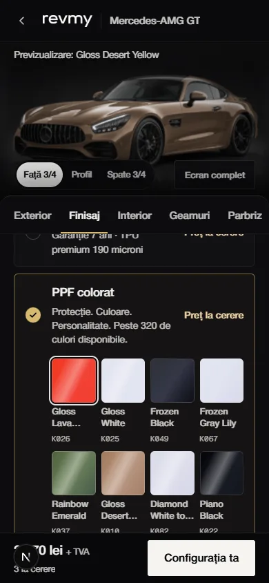 Configuratorul pe telefon: secțiunea Finisaj cu logo-ul ProWrap și culorile de PPF colorat